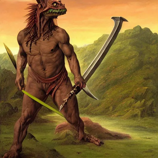 Image similar to matte painting, realistic art, dog - faced muscular goblin, ugly face, lizard tail, holding scimitar made of bone, scimitar, sword, jagged sword, curved sword, orkish sword, colorized, green skin, red sky, wasteland, hyper - detailed, primeval fantasy, prehistoric fantasy, art by jacques - louis david