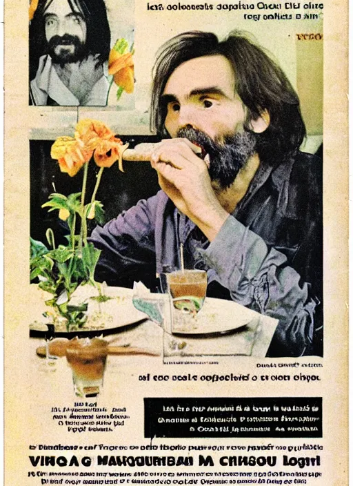 Prompt: vintage pharamaceutical magazine advertisement depicting charles manson eating flowers