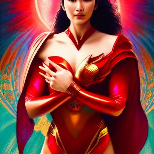 Image similar to heart evangelista as darna, volumetric lights, red and cyan theme, art nouveau botanicals, intricate, highly detailed, digital painting, artstation, concept art, smooth, sharp focus, cinematic, illustration, beautiful face, art by artgerm and greg rutkowski and alphonse mucha