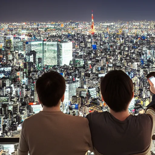 Image similar to two caucasian nerds looking out over the lights of Tokyo, from the perspective of the city, 8k,