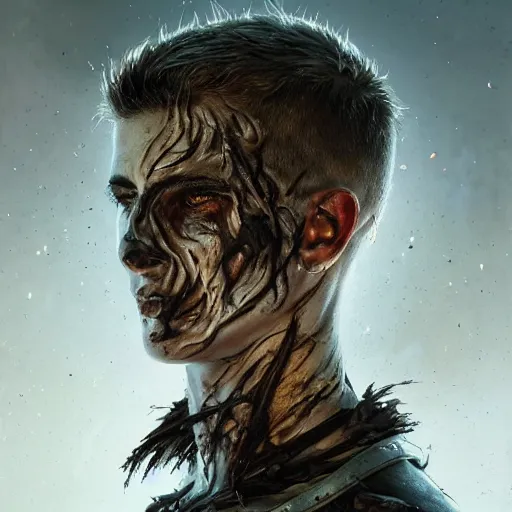 Prompt: portrait painting of young man with severe burn scars on his face and poorly shaved hair wearing tattered light armor, ultra realistic, concept art, intricate details, eerie, highly detailed, photorealistic, octane render, 8 k, unreal engine. art by artgerm and greg rutkowski and charlie bowater and magali villeneuve and alphonse mucha