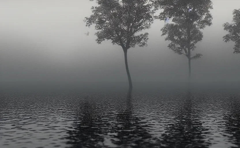 Image similar to low angle camera lens is just above the water surface of a lake, scene from a film directed by charlie kaufman ( 2 0 0 1 ), foggy volumetric light morning, extremely moody, cinematic trending on artstation in the style of greg rutkowski