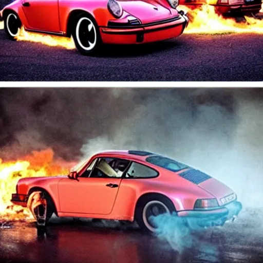 Prompt: porsche 911 time traveling in back 2 the future. burning trail of flames on the street. 88miles per hour