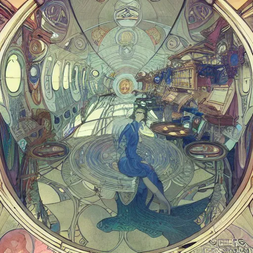 Image similar to a beautiful intricate watercolor illustration of an interior of space ship, 4 k, ultra - wide angle, by william turner, by victo ngai, by alphonse mucha, by miho hirano, by moebius, hd, trending on artstation, hyper detailed, muted colors