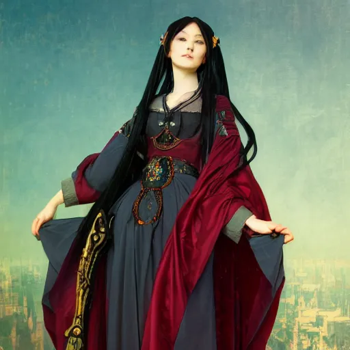 Image similar to a beautiful portrait of hatsune miku with long black and deep red colored hair dressed as a 1 0 th century european noblewoman, intricate, elegant, highly detailed, digital painting, artstation, concept art, matte, sharp focus, illustration, art by greg rutkowski and alphonse mucha