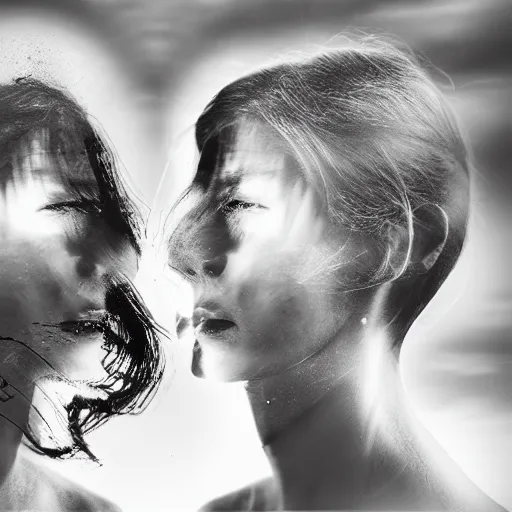 Prompt: double exposure portrait photography motion blurred