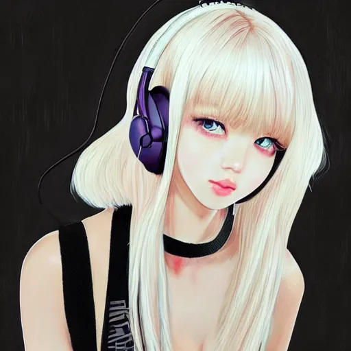 Image similar to realistic detailed semirealism beautiful gorgeous buxom hot girl natural cute excited happy Blackpink Lalisa Manoban white hair white cat ears blue eyes, wearing black camisole outfit, headphones, black leather choker artwork drawn full HD 4K high resolution quality artstyle professional artists WLOP, Aztodio, Taejune Kim, Guweiz, Pixiv, Instagram, Artstation