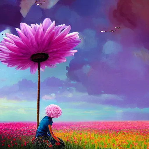 Image similar to giant daisy flower as head, girl sitting in a flower field, surreal photography, sunrise, dramatic light, impressionist painting, colorful clouds, digital painting, artstation, simon stalenhag