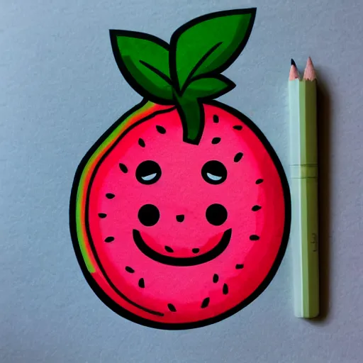 Image similar to pencil sketch of cartoon diecut sticker of cute kawaii watermellon slice with white border and light gray background on paper