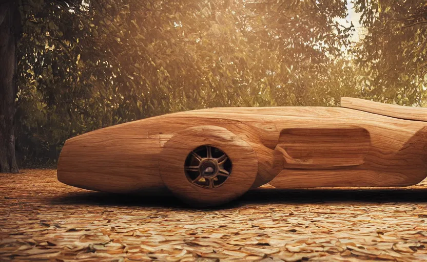 Image similar to car made of wood, luxury HD render, wooden sports car, luxury hardwood, half car half tree, intricate textures and leaves, cinematic shot, high budget advertisement, 4k