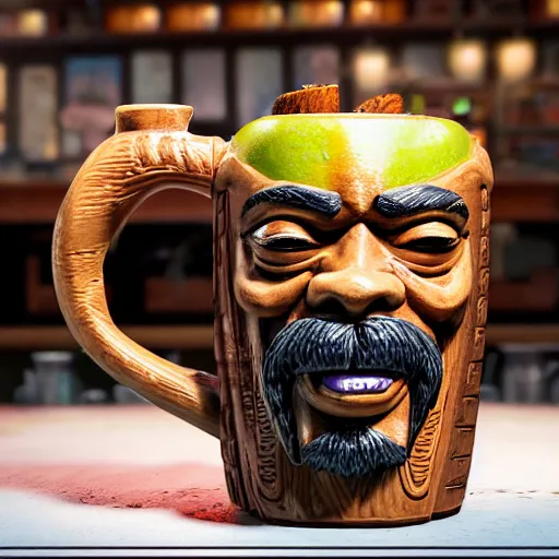 Image similar to a photorealistic photograph of a Trader Vic's tiki mug featuring Snoop Dogg at a Tiki bar - Trending on Artstation, featured on Behance, well-rendered, Unreal Engine, 4K HD