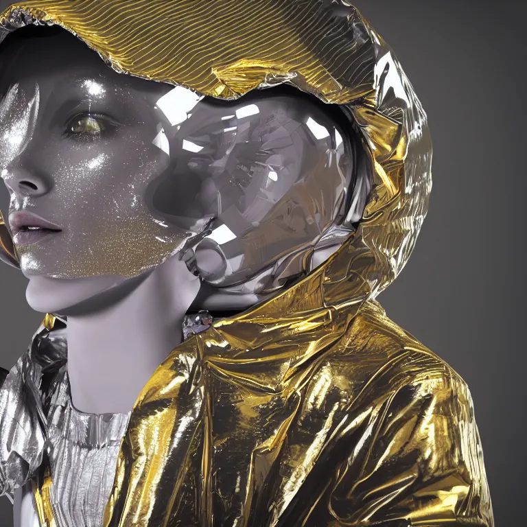 Image similar to octane render portrait by wayne barlow and carlo crivelli and glenn fabry, subject is a woman covered in folded aluminum foil space suit with a colorful metallic space helmet, floating inside a futuristic black and gold space station, cinema 4 d, ray traced lighting, very short depth of field, bokeh