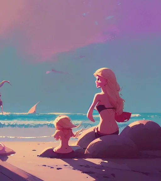 Image similar to a princess and a mermaid on the beautiful beach by atey ghailan, by greg rutkowski, by greg tocchini, by james gilleard, by joe fenton, by kaethe butcher, dynamic lighting, gradient light blue, brown, blonde cream and white color scheme, grunge aesthetic