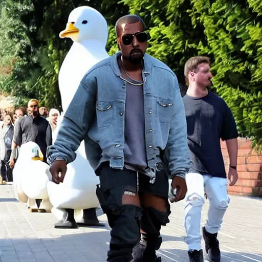 Prompt: a paparazzi photo of kanye west walking next to a giant duck