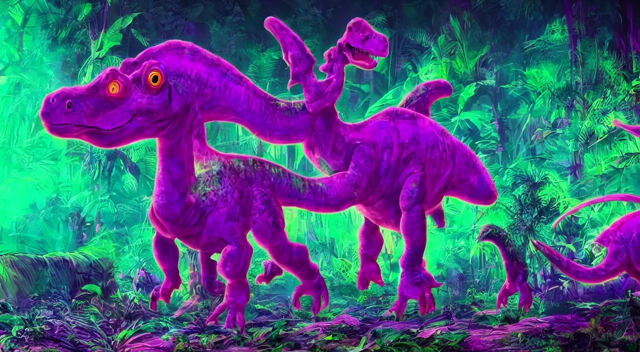 Image similar to spectral purple neon dinosaur, spectral neon pink dinosaur, spectral yellow neon dinosaur, green jungle background, detailed, ultrawide landscape