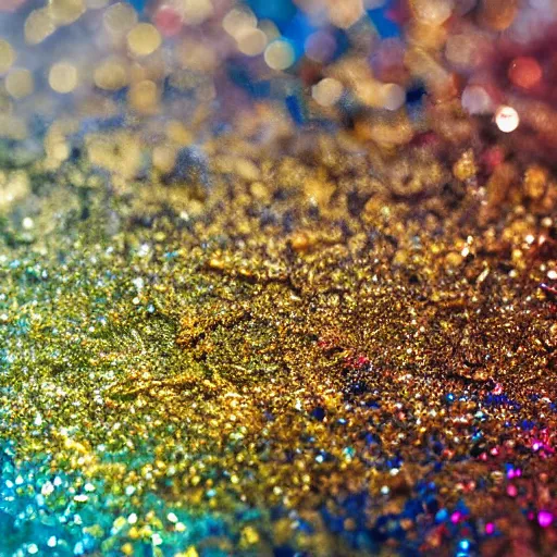 Image similar to a wet swirling mixture of gold paint and very colorful colored pigment particles glitter suspended in a turbulent liquid, captured in slow motion, crystal clear focus, macro photography lens closeup, slow-motion pour, dumpedpaint glittery, shimmering, speculars