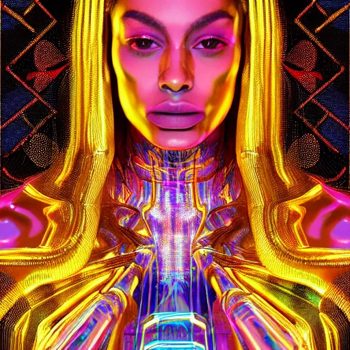 Image similar to hyperdetailed masterpiece portrait of a glossy golden metallic statue of a woman covered in colorful glowing digital circuits and hexagons, symmetrical, in the style of virgil abloh, offwhite, heron prestorn, denoise, vogue, paris, fashion, louvre museum, highly detailed, realistic, hyperreal, 8 k, render