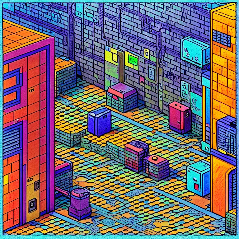 Image similar to an absurdly-detailed isometric cyberpunk alleyway colored-pencil drawing as a fancy square tile