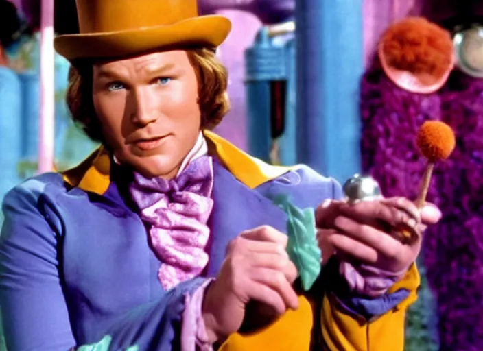 Image similar to film still of Chris Pratt as Willy Wonka in Willy Wonka and the Chocolate Factory 1971