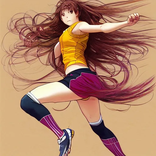 Prompt: a girl is running, sport clothing, anime style, long hair, hair down, symmetrical facial features, from yowamushi pedal, hyper realistic, highly detailed, rule of thirds, extreme detail, detailed drawing, trending artstation, realistic lighting, by alphonse mucha, greg rutkowski, sharp focus, backlit, high budget show, realistic anatomy