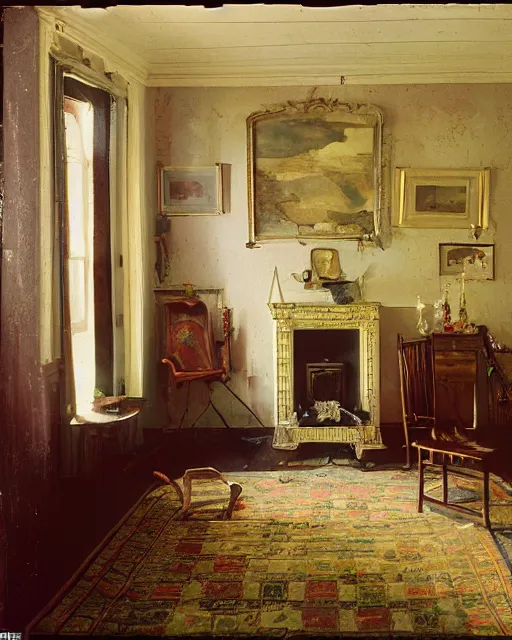 Prompt: the interior of an old house in devonshire that is probably haunted, delicate embellishments, painterly, offset printing technique, photographed on kodachrome by brom, robert henri, walter popp