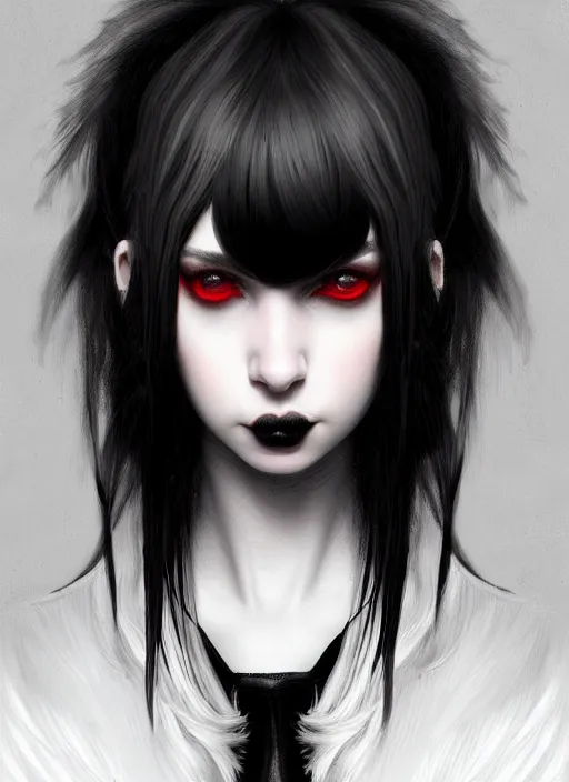 Image similar to portrait of white teenage girl, normal face, black bangs, mall goth, cyberlox, black and white hair, bangs, fluffy bangs, red contacts, intricate, elegant, highly detailed, digital painting, artstation, concept art, sharp focus, smooth, illustration, art by wlop, mars ravelo and greg rutkowski