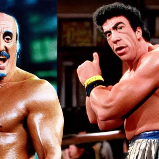 Prompt: hulk hogan tag team with kramer from seinfeld