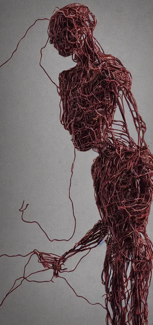 Prompt: human figure consumed by wires and machinery, scary, body horror, human bodies, disturbing, weird, creepy, 4K