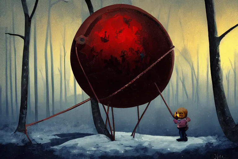 Image similar to surreal painting of a kid hiding in a giant rusted metal sphere in the woods in the style of simon stalenhag, sunset, snow, cold light, digital painting, concept art