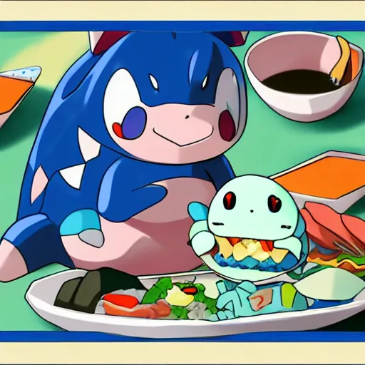 Image similar to totodile eating at sushi buffet, cute, pokemon, ken sugimori