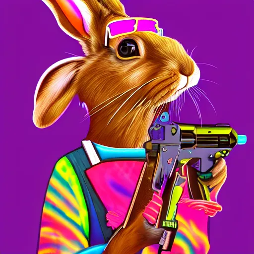 Image similar to portrait of rabbit with UV neon fur holding a machine gun , 8k, highly detailed, sharp, realistic, in style of Lisa Frank, Artstation, deviantart