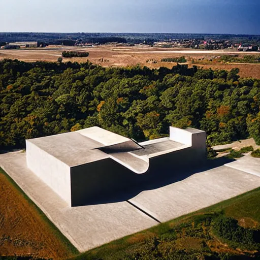 Image similar to a building in a stunning landscape by louis kahn and alberto burri, architectural photograph distance drone wide view, dynamic lighting sharp infinite focus