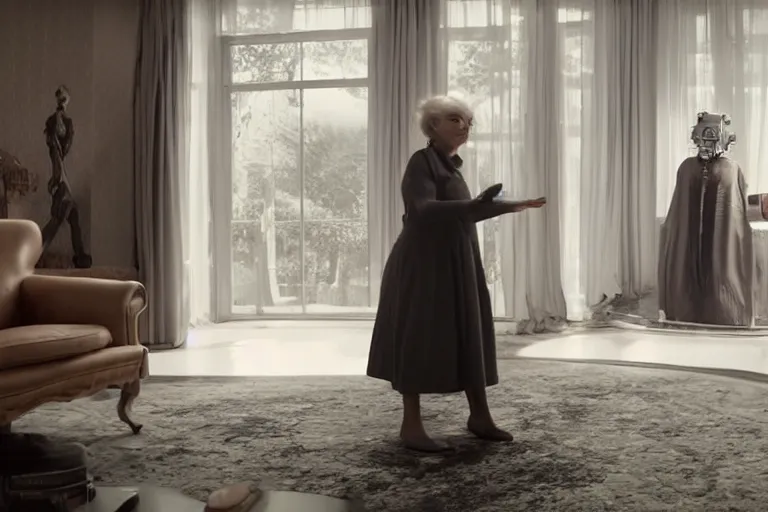 Prompt: VFX movie portrait of happy old woman stand-off with futuristic robot in a decadent living room by Emmanuel Lubezki