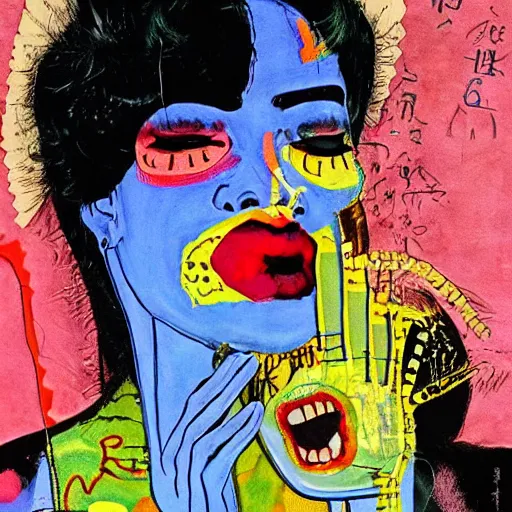 Image similar to beautiful painting of two bizarre psychedelic women kissing each other closeup in tokyo, speculative evolution, mixed media collage by basquiat and junji ito, magazine collage art, paper collage art, sapphic art, lesbian art