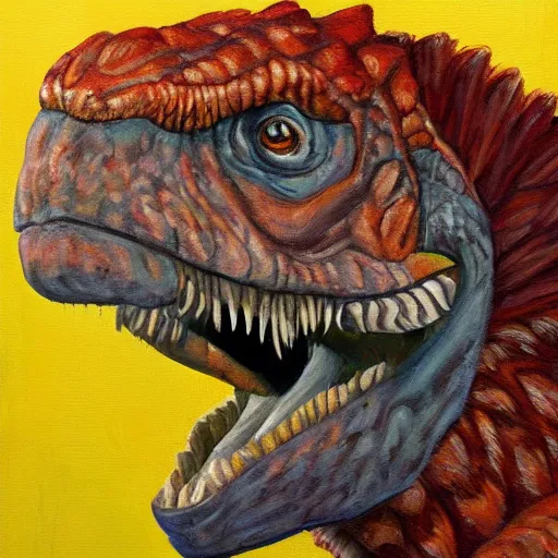 Image similar to dwayne the rock as a velociraptor dinosaur in miami, portrait painting