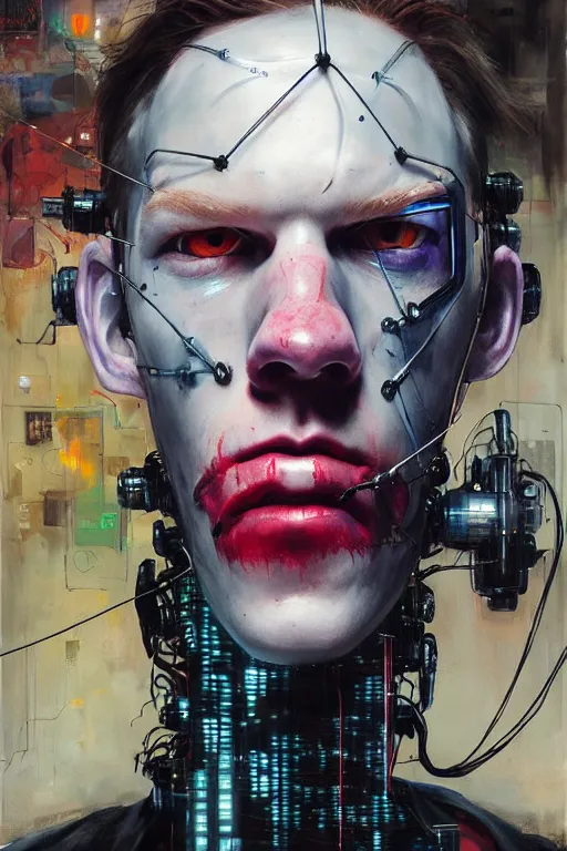 Image similar to cameron monaghan as a cyberpunk hacker, wires cybernetic implants, by adrian ghenie, esao andrews, jenny saville, james jean, dark art