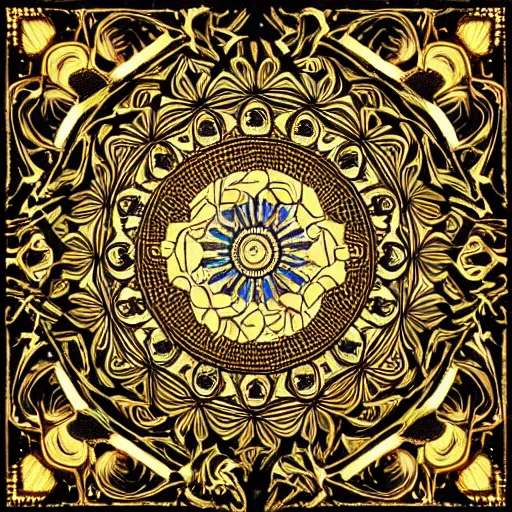 Prompt: a beautiful mandala made of ivory and gold, highly intricate, digital art, very detailed, in the style of a weird and dark eerie liminal art nouveau flemish painting, 8k,