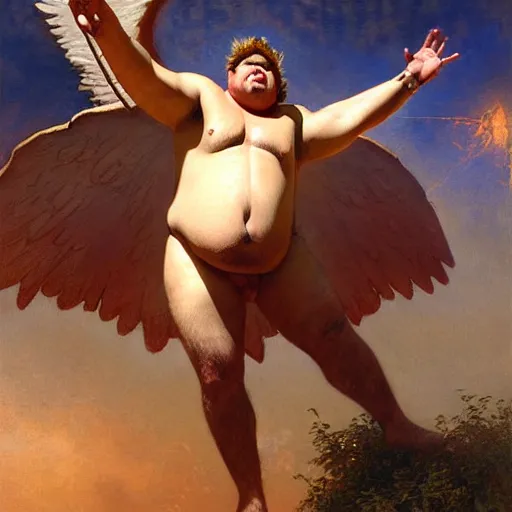 Image similar to obese male lucifer morning star casting a spell summoning male demons, they rise from down bellow. highly detailed painting by gaston bussiere, craig mullins, j. c. leyendecker, 8 k