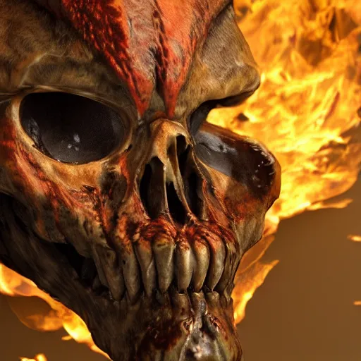 Prompt: the predator skull made from fire, ghibli, unreal 5, DAZ, hyperrealistic, octane render, dynamic lighting, digital art