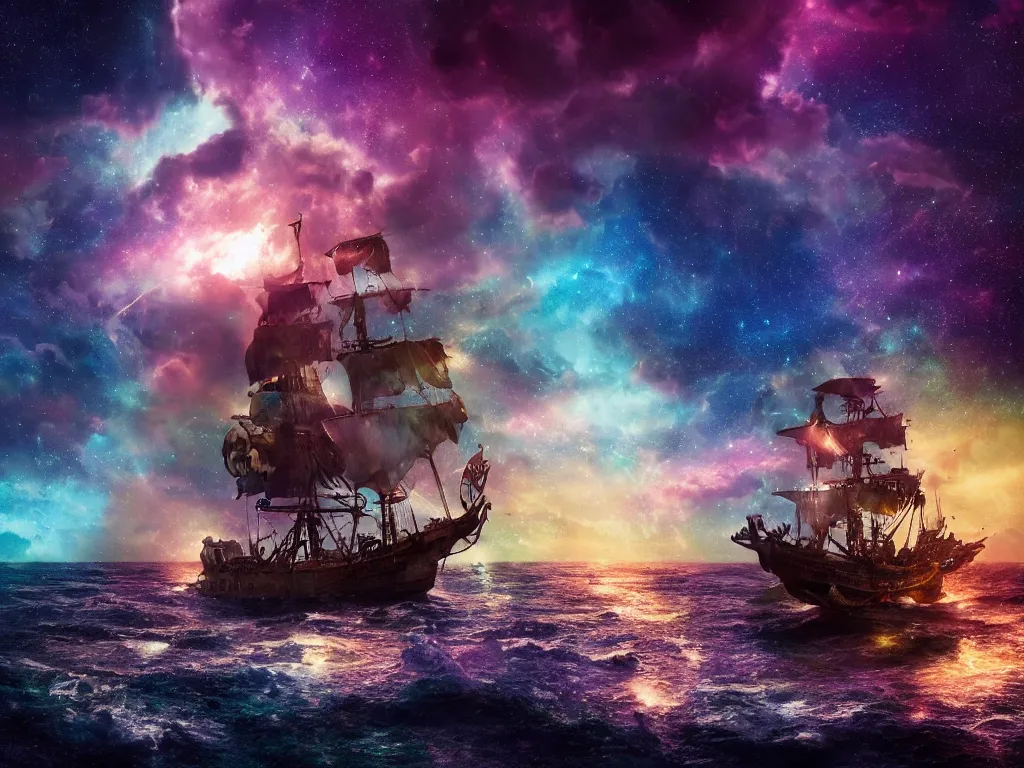 Prompt: photograph of a pirate ship traveling through sea of colorful stars, breathtaking stars, thunderstorm, interstellar, concept art, NASA, 4K, Detailed, HDR