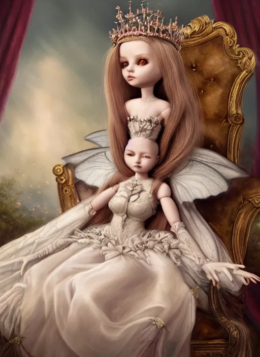 Prompt: highly detailed closeup, simple doll hands, portrait of a gothic fairy princess wearing a crown and sitting on a throne, unreal engine, nicoletta ceccoli, mark ryden, earl norem, lostfish, global illumination, god rays, detailed and intricate environment