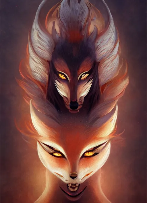 Image similar to a beautiful detailed oil on copper art illustration of a japanese kitsune mask woman, centered, by charlie bowater, zeng fanzh, trending on artstation, dim dusk lighting, cinematic lighting, detailed lighting, volumetric lighting, realistic, f 8, 4 k hd wallpaper