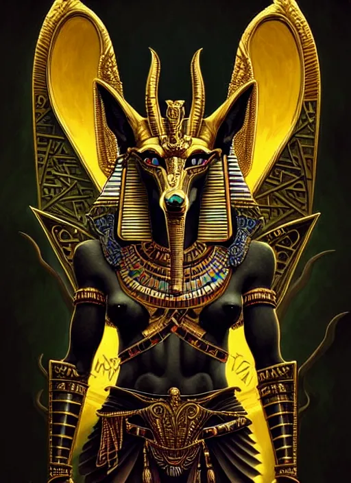 Image similar to angry god anubis, snarling jackal with egyptian pharaoh headdress and nemes, ornate art nouveau detail, black and gold palette, fantasy, intricate, elegant, highly detailed, colorful, dark colors, dramatic shadow, digital painting, artstation, concept art, art by artgerm and greg rutkowski and ruan jia,