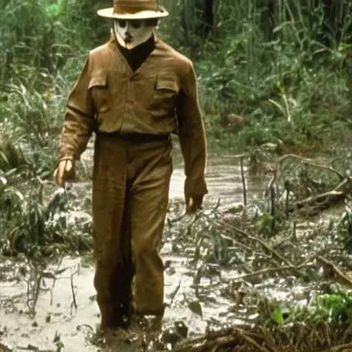 Image similar to cinematic still of charlie chaplin, covered in mud and watching a predator in a swamp in 1 9 8 7 movie predator, hd, 4 k