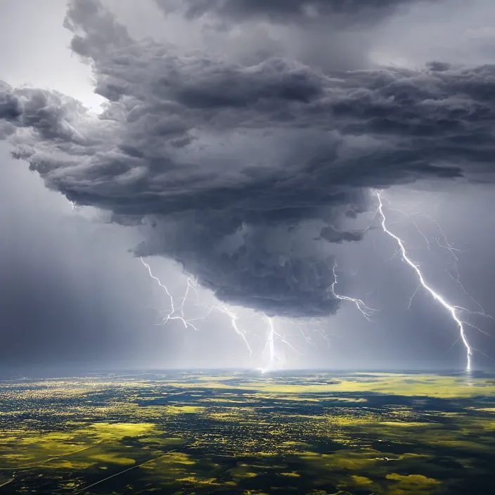 Prompt: Endless storm clouds towering high, seen from a plane, a lightning is visible, no ground visible, very detailed, 8k resolution, pale yellow hue with brown shadows