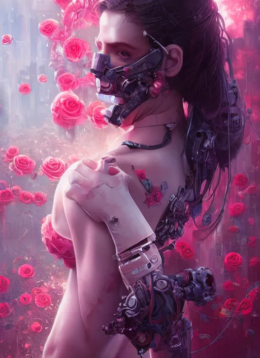 Prompt: portrait of a seductive female with roses, cyberpunk cyborg. roses, muted colors, sci - fi, intricate abstract upper body intricate artwork, by tooth wu, wlop, beeple, dan mumford. concept art, octane render, deviantart, greg rutkowski, cinematic arthouse, key art, hyper realism, iridescent accents