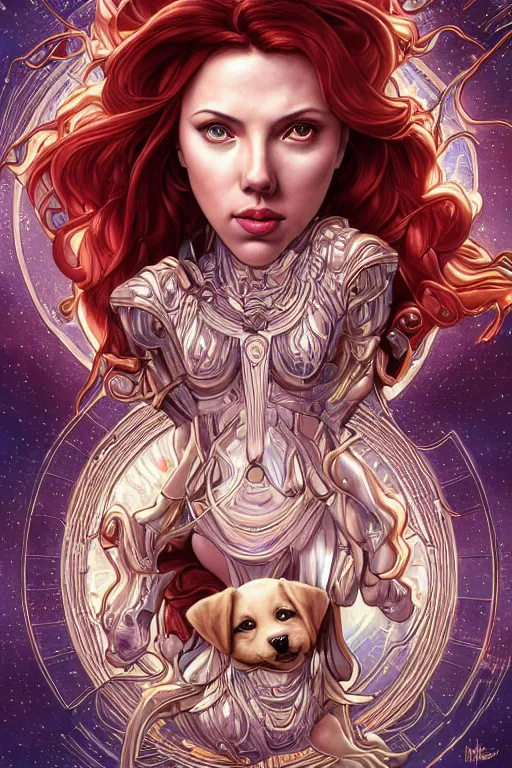 Prompt: celestial anthropomorphic puppy scarlett johansson, by artgerm and yoshitaka amano and moebius and alphonse mucha, hyperdetailed, dc comics, ornate, nebula, explosions in the sky, trending on artstation