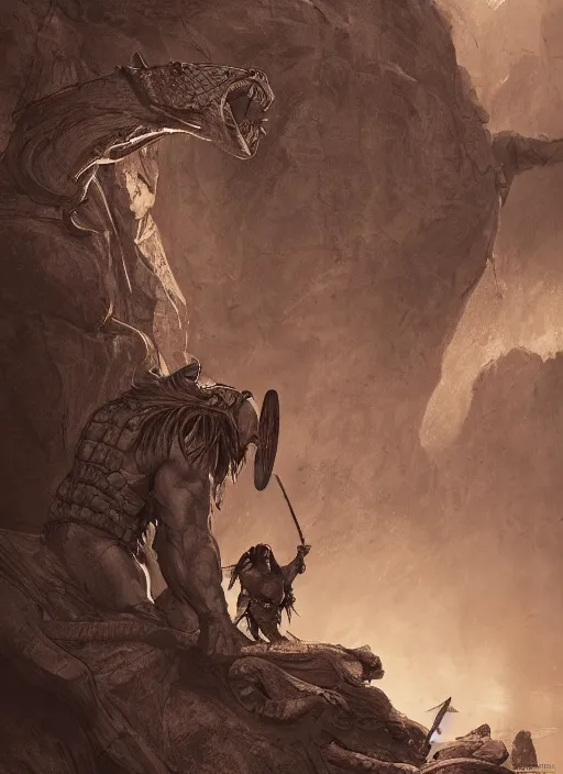 Image similar to portrait, conan the barbarian fighting a anakonda snake, Dynamic lighting, cinematic, establishing shot, extremely high detail, photo realistic, cinematic lighting, pen and ink, intricate line drawings, post processed, concept art, artstation, matte painting, style by Raphael Lacoste, Eddie Mendoza