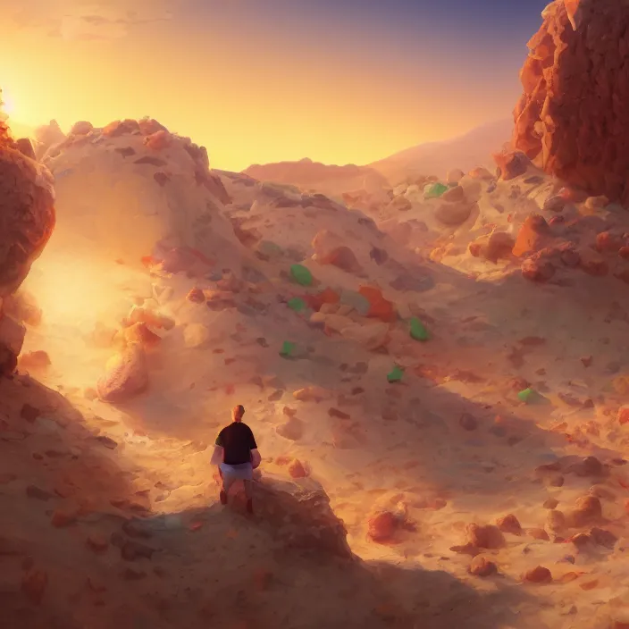 Image similar to desert made from icecream and candies, caramel colorful sun, luminescent sky, handsome, intricate, detailed, volumetric lighting, scenery, digital painting, highly detailed, artstation, sharp focus, illustration, 8 k, hyper realistic, magic world, cartoon