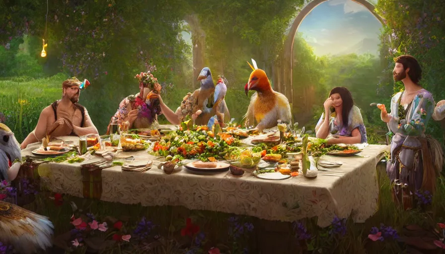 Image similar to a table dinner of exotic birds where birds are dressed like the characters from the midsommar movie wearing flowers, realistic detailed digital art by maxwell boas jessica rossier christian dimitrov anton fadeev trending on artstation cgsociety rendered in unreal engine 4 k hq